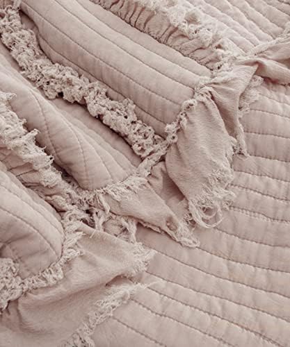 Ultra Soft Pre-Washed Quilted Throw Blanket, Ruffle Fringed Dusty Rose Pink Decorative Throw, Stone Washed Chic Rustic Blanket for Sofa Couch Bed Chair, 50"x 60"