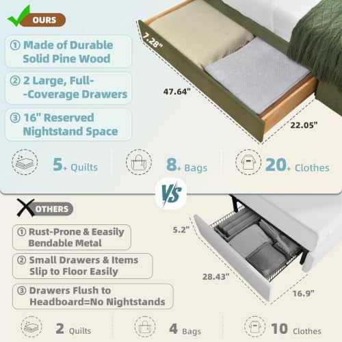 King Size Bed Frame with Storage & Built-in Nightstands & Drawers, Green