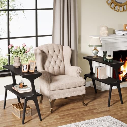 Tribesigns Set of 2 Solid Wood End Table, 2-Tier Modern Black End Table with Storage Shelves, Tall Slim Side Table for Couch with Unique Legs, Long Bedside Table for Bedroom, Living Room