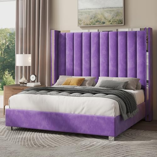 Jocisland Queen Upholstered Bed Frame with 58" Tall Headboard, Purple