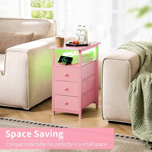Yoobure End Table with Charging Station, Pink Narrow Nightstand LED Bedside Table, Small Night Stand End Tables Living Room, Skinny Nightstand with 3 Fabric Drawers, Side Table for Small Spaces