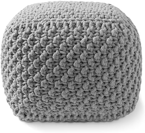 Casafield Square Pouf Ottoman, Light Gray 18.5" W x 18.5" D x 14.5" H Cotton Knit Foot Stool - Boho Floor Pouffe for Living Room, Bedroom, Home Office