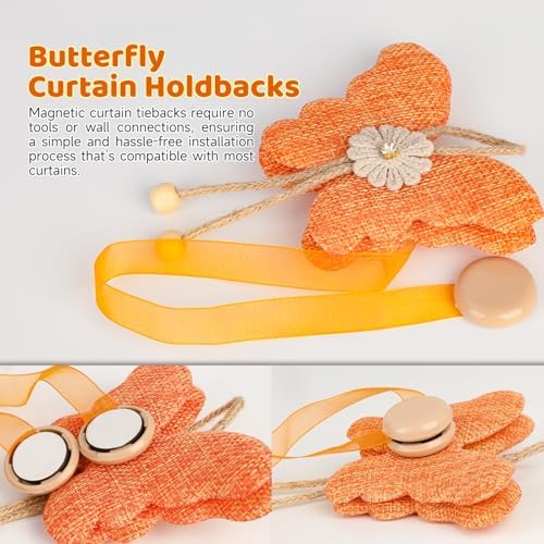 4 Pcs Cute Butterfly Curtain Holdbacks,Magnetic Curtain Tie Backs Decorative Rope for Living Room Bedroom Kitchen Bathroom Decoration (Orange)