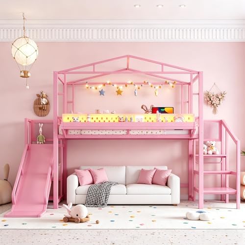 Bellemave Twin Size Metal House Loft Bed with Slide and Stairs,Heavy Duty Playhouse Loft Bed Frame with Shelves,LED Lights and Charging Station for Kids,Teens,Adults,Pink