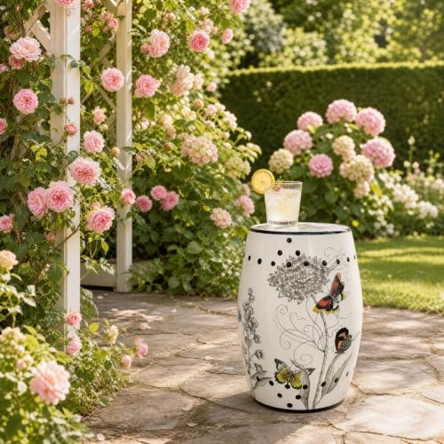 Ceramic Stool Accent Seat, End Table Butterfly Decor
