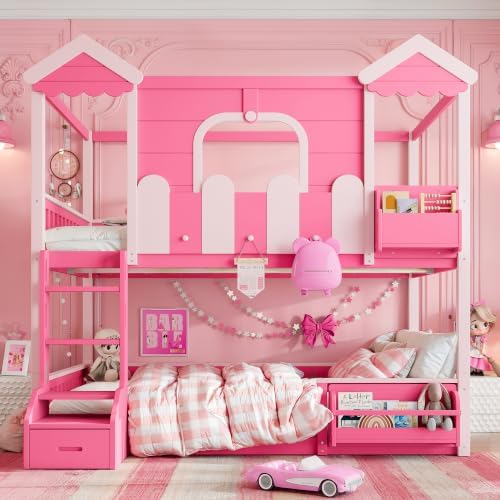 Full over Full House Bunk Bed with Bookshelves & Storage Drawer, Pink
