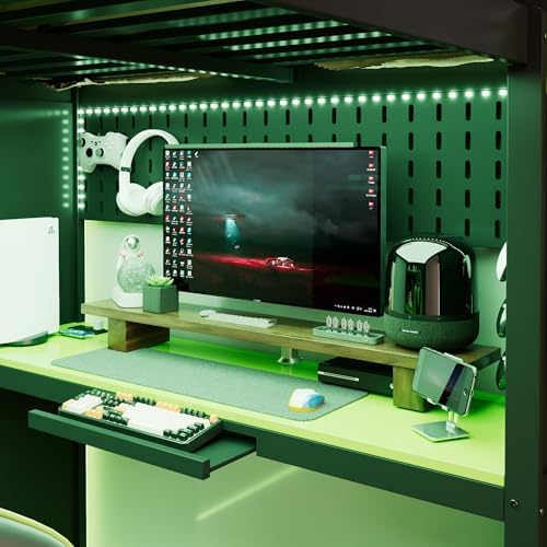 Merax Full Size Loft Bed with Desk and 6 Storage Shelves, Wardrobe, Blackout Curtain, Sturdy Wood Gaming Loft Bunk Bed Frame with USB Port & RGB Lights, No Box Spring Need, Space-Saving, Black+Green