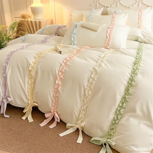Rainbow Ruffles Bedding Set with Bow,Colorful Striped Duvet Cover, Cute Princess Style 2 PCS Duvet Cover Set-1 Duvet Cover and 1 Pillowcases for Girls Teens Bedroom,No Comforter