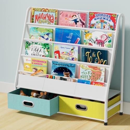 Kids Bookshelf - 4-Tier Sling Bookcase for Kids Room, Metal Nursery Book Shelf, Small Book Shelf and Toy Storage for Children, Idea Gift for Boys and Girls