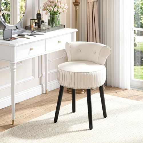 CHARMAID Velvet Vanity Chair for Bedroom, Elegant Accent Chair with Tufted Low Back, Solid Wood Legs, Upholstered Seat, Modern Makeup Stool for Dressing Room, Home Office (Beige & Black)
