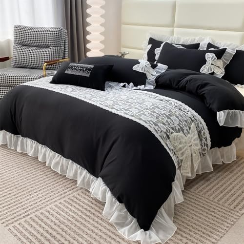 MOOWOO Chic Ruffle Lace Twin Duvet Cover Set-Bow Duvet Cover with Butterfly Tie-2 Piece Comforter Duvet Cover with Zipper Closure,Coquette Room Decor-Black,Full Size