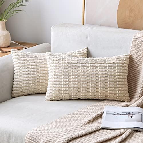 MIULEE Lumbar Corduroy Decorative Throw Pillow Covers 24x12 Cream White