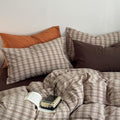 mixinni Vintage Buffalo Plaid Duvet Cover Set King Size - 3 Piece Washed Cotton Bedding Set, Neutral Brown Beige Coffee Grid Plaid Duvet Cover with Pillowcases, Retro Bedding for All Seasons