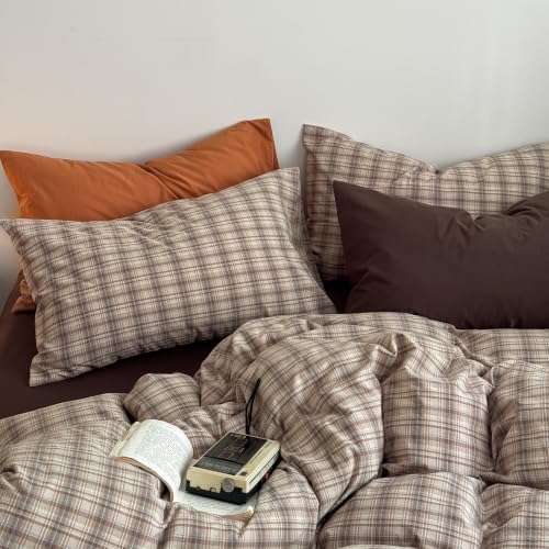 mixinni Vintage Buffalo Plaid Duvet Cover Set King Size - 3 Piece Washed Cotton Bedding Set, Neutral Brown Beige Coffee Grid Plaid Duvet Cover with Pillowcases, Retro Bedding for All Seasons
