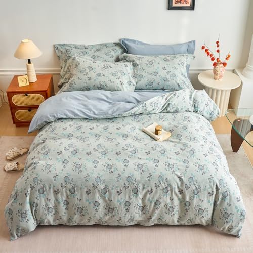 HighBuy Blue Muslin Duvet Cover Set King Chic Muslin Cotton Textured Floral Bedding Set,Vintage Gauze Super Soft Comforter Cover,Comfortable Chic Lightweight - 1 Duvet Cover with 2 Pillowcase