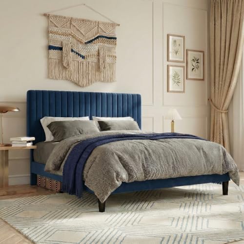 SHA CERLIN Queen Upholstered Platform Bed Frame with Vertical Channel Tufted Velvet Fabric Adjustable Headboard, Wooden Slats Support, Mattress Foundation, Box Spring Optional, Blue