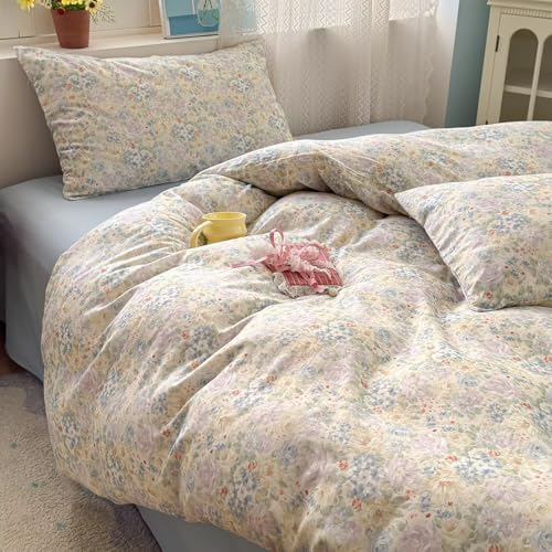 Double Muslin Floral Duvet Cover Twin Size 3 Pieces(1 Duvet Cover with 2 Pillowcases),100% Cotton Soft Comfy Gauze Bedding Set for Women Girls,Breathable Quilt Covers 68"×86"