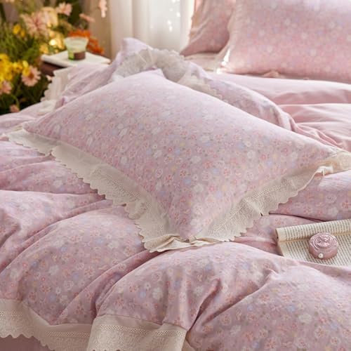 LifeTB Pink Floral Duvet Cover Twin XL, Muslin Cotton Romantic Ruffle Duvet Cover with 2 Pillowcases, Botanical Flower Soft Gauze Comforter Cover, Cottagecore Style Princess Lace Bedding Set