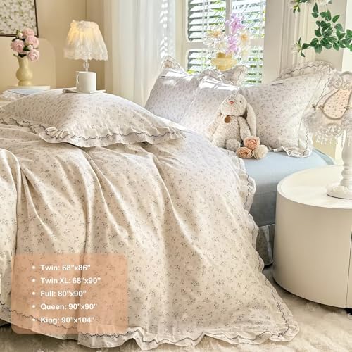 Floral Twin Size Duvet Cover with Lace Ruffles Soft 100% Cotton Comforter Cover Set for Teen Girls Kids,Blue Flower Cute Bedding Set 3 Pieces,Includes 1 Duvet Cover& 2 Pillowcases