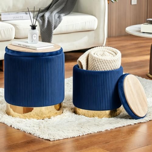 Round Ottoman with Storage Set of 2 Blue Velvet Vanity Stool