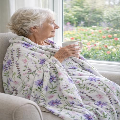 Soft Fleece Throw Blanket, Elegant Floral Wild Flowers Pink Purple, 50x70