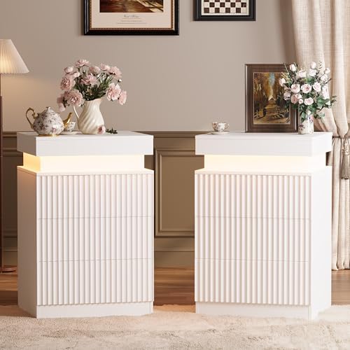 Nightstand Set of 2 for Bedroom, LED Nightstand with 3 Drawers and Charging Station, Mid Century Modern Fluted Nightstands, Bedside Tables & End Tables, White