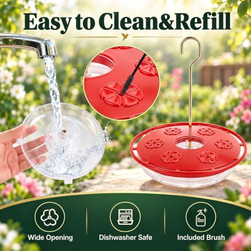 FEED GARDEN Saucer Hummingbird Feeders for Outdoors Hanging, 2 Pack 16oz Leak-Proof Nectar Feeder with Bee Guards Built-in Ant Moat, 6 Feeding Ports, Wide Mouth Easy Refill & Clean, BPA-Free,Red