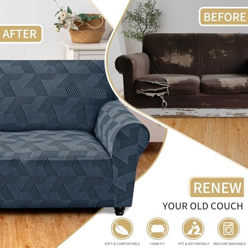 JIVINER 1 Piece Couch Cover for 3 Cushion Couch, High Stretch Sofa Covers with Elastic Bottom, Washable Sofa Slipcovers for Dog, Pets Feature Geometrical Jacquard Fabric (Sofa, Dark Grey)