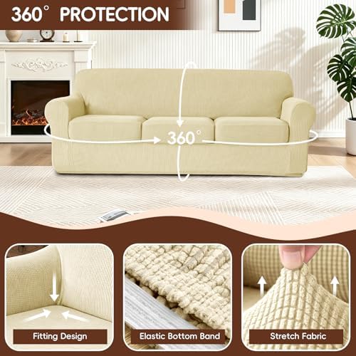 4 Pieces Stretch Couch Covers for 3 Cushion Sofa Cover Decorative Sofa Slipcover Non Slip Washable Thick Soft Elastic Furniture Protector for Pets,(Large, Ivory)