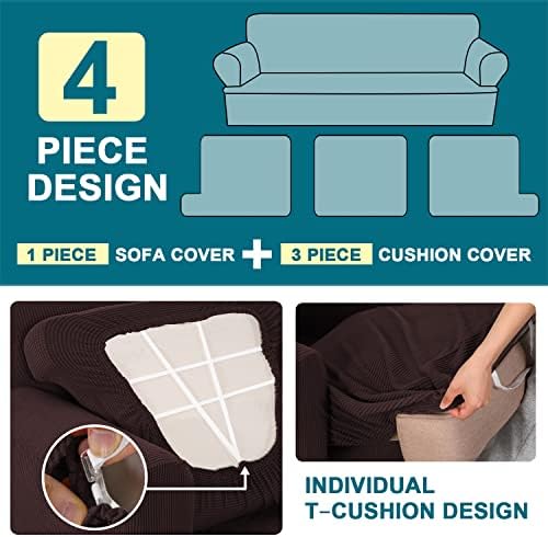 Turquoize 4 Piece T Cushion Sofa Slipcovers Stretch Couch Cover Furniture Covers with 3 Individual T Cushion Covers, Machine Washable (3 Cushion Sofa, Brown)