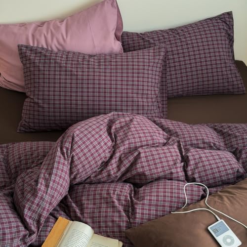 mixinni Vintage Burgundy Grid Duvet Cover Set Full Size - 3 Piece Washed Cotton Bedding Set, Retro Buffalo Plaid Duvet Cover with Pillowcases, Mid Century Modern Bedding for All Seasons