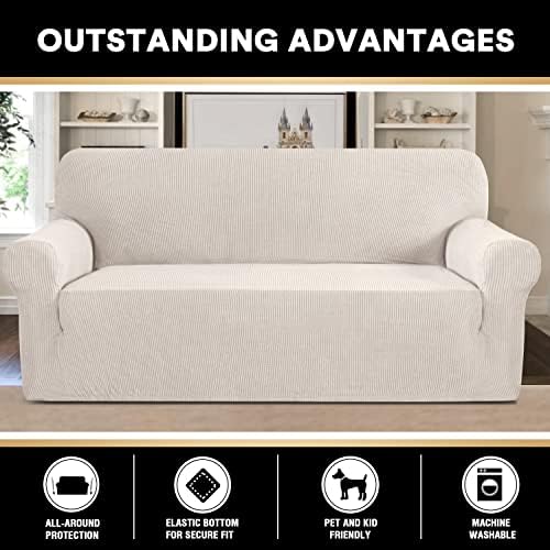 PrinceDeco Stretch Sofa Cover Slipcover Couch Covers for 3 Cushion Couch Furniture Protector Sofa Covers with Non Slip Elastic Bottom Dogs Pet Friendly Fitted (Sofa, Ivory)