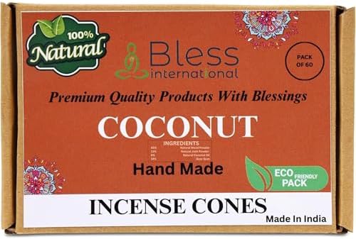 Bless International Coconut 100%-Natural-Incense-Cones Handmade-Hand-Dipped Organic-Chemicals-Free for-Purification-Relaxation-Positivity-Yoga-Meditation The-Best-scents (60 Count)