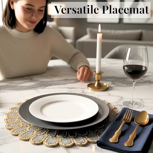 ALPHA Living HOME Beaded Placemats 13 Inch Ivory Gold Round Table Chargers