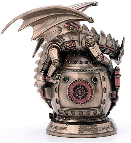 Veronese Design 7 Inch Steampunk Mechanical Dragon On The Time Machine Bank Vault Trinket Box Clock Antique Bronze Finish Statue