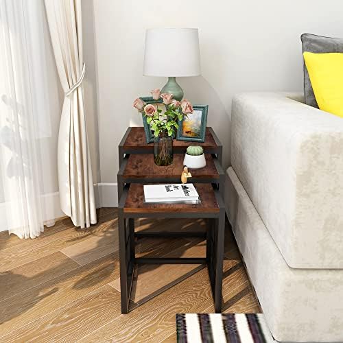 Nesting Coffee Table Set of 3, Stacking Metal Side Tables, Brown