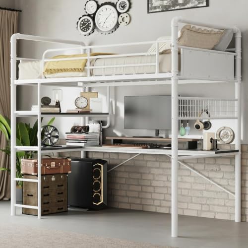 GarveeHome Loft Bunk Bed with L-Shaped Desk, Industrial Twin Loft Bed,White