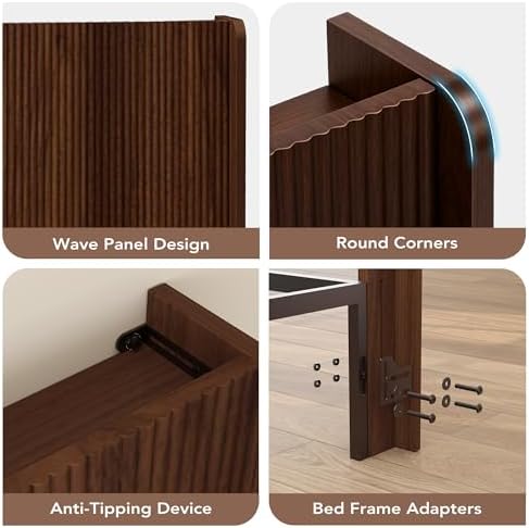 King Size Headboard Only, Fluted Wall-Mounted Head Board with Lighting, Modern Wood Bed headboard with with Charging Station Bedroom Decor, Walnut