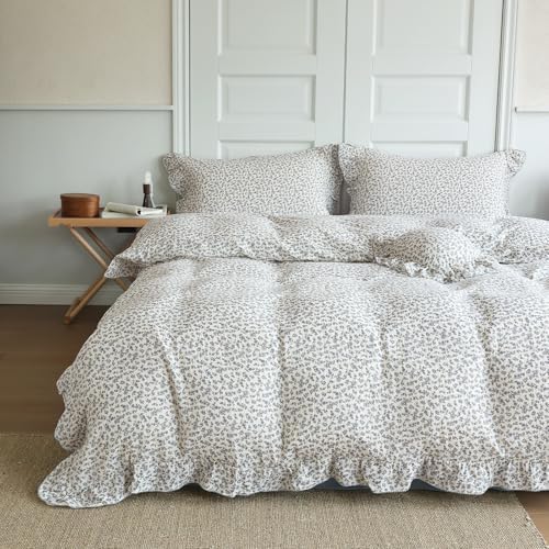 Shabby Chic Blue Floral Duvet Cover Queen with Ruffles, No Pillows