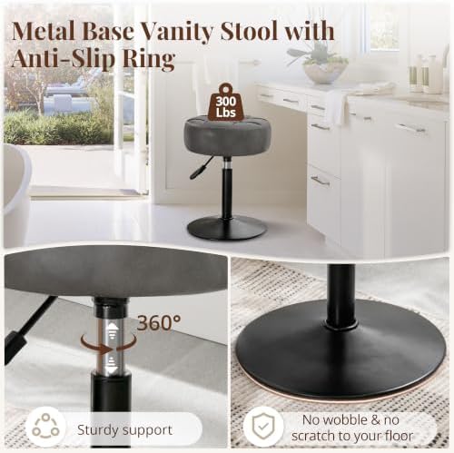 LUE BONA Height Adjustable Vanity Stool 15.8"-20.7", 360° Swivel Gray Faux Leather Chair, 300lb Capacity for Makeup Room, Bathroom