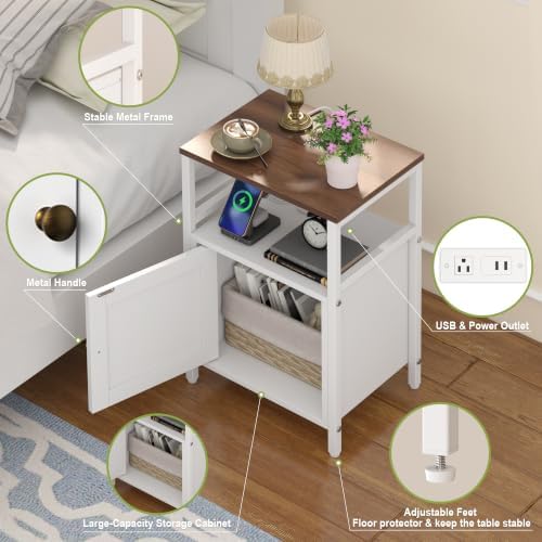 Bedside Table with Charging Station Side Table for Small Spaces White