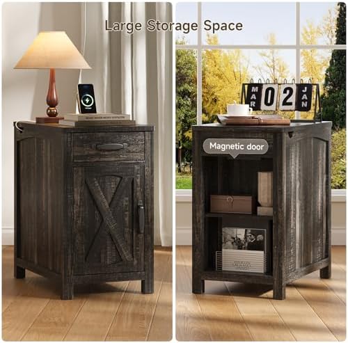 ONBRILL Farmhouse End Table with Charging Station,Dark Brown