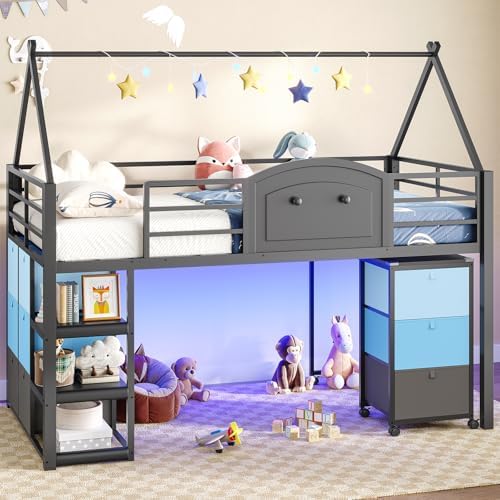 Twin Loft Bed with Desk and Storage for Kids, Metal Low Loft Bed Twin with 9 Drawers, 3-Tier Shelves, Led Lights, Safety Guardrail, No Box Spring Needed,Grey