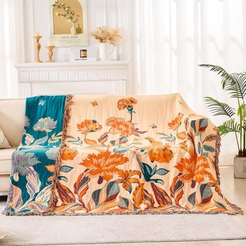 XIBLC Boho Throw Blanket for Bed, 100% Cotton Soft Rustic Quilt Fall Blanket, 60"x80" Floral Printed Farmhouse Decor Bed Blankets, All Season Rustic Reversible Bohemian Throw Quilt