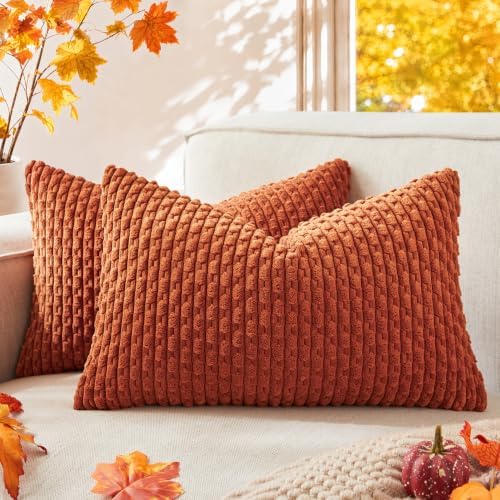 Kevin Textile Soft Corduroy 12"x20" Lumbar Pillow Covers 2 Pack, Rust