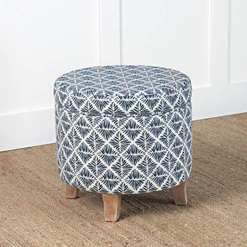 Homepop Home Decor | Upholstered Round Storage Ottoman | Ottoman with Storage for Living Room & Bedroom with Flared Legs, Navy Blue Geometric Pattern Large