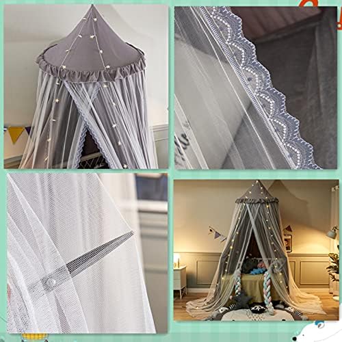 VETHIN Bed Canopy Double Layer Princess Round Dome Dreamy Mosquito Net Bedding Girls Room Castle Play Tent Hanging House Decor Reading Nook Canopies(Gray/White)