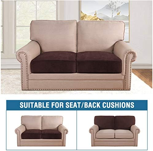 H.VERSAILTEX Velvet Stretch Couch Cushion Cover Plush Cushion Slipcover for Chair Loveseat Sofa Cushion Furniture Protector Seat Cushion Sofa Cover (2 Piece Large Sofa Cushion Covers, Brown)
