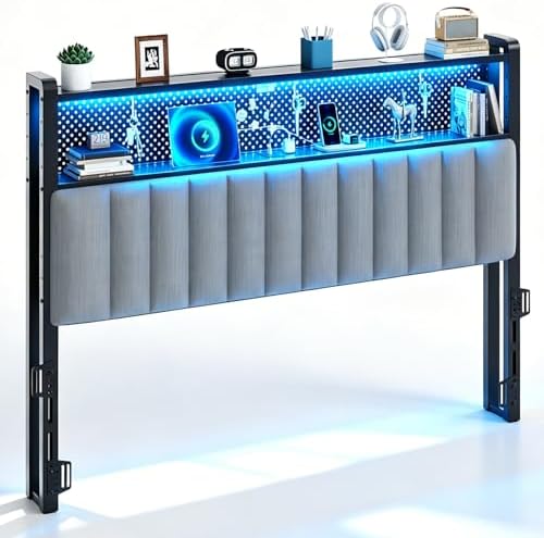 VINGLI Queen Size Headboard Only, Adjustable Upholstered Headboard with 2 Tier Shelves and Pegboard with Charging Stations and LED Lights, Modern Bed Headboard with Storage for Bedroom Decor
