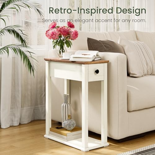 CHOEZON Farmhouse End Table, 2-Tier Narrow Side Table with Drawer, Wooden Nightstand, for Small Space, Living Room, Bedroom